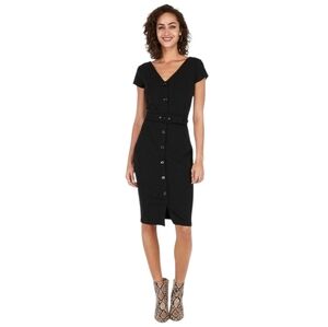 Express Black Button-Front Midi Dress Sz.XS Minimalist V-Neck Belted Sheath
